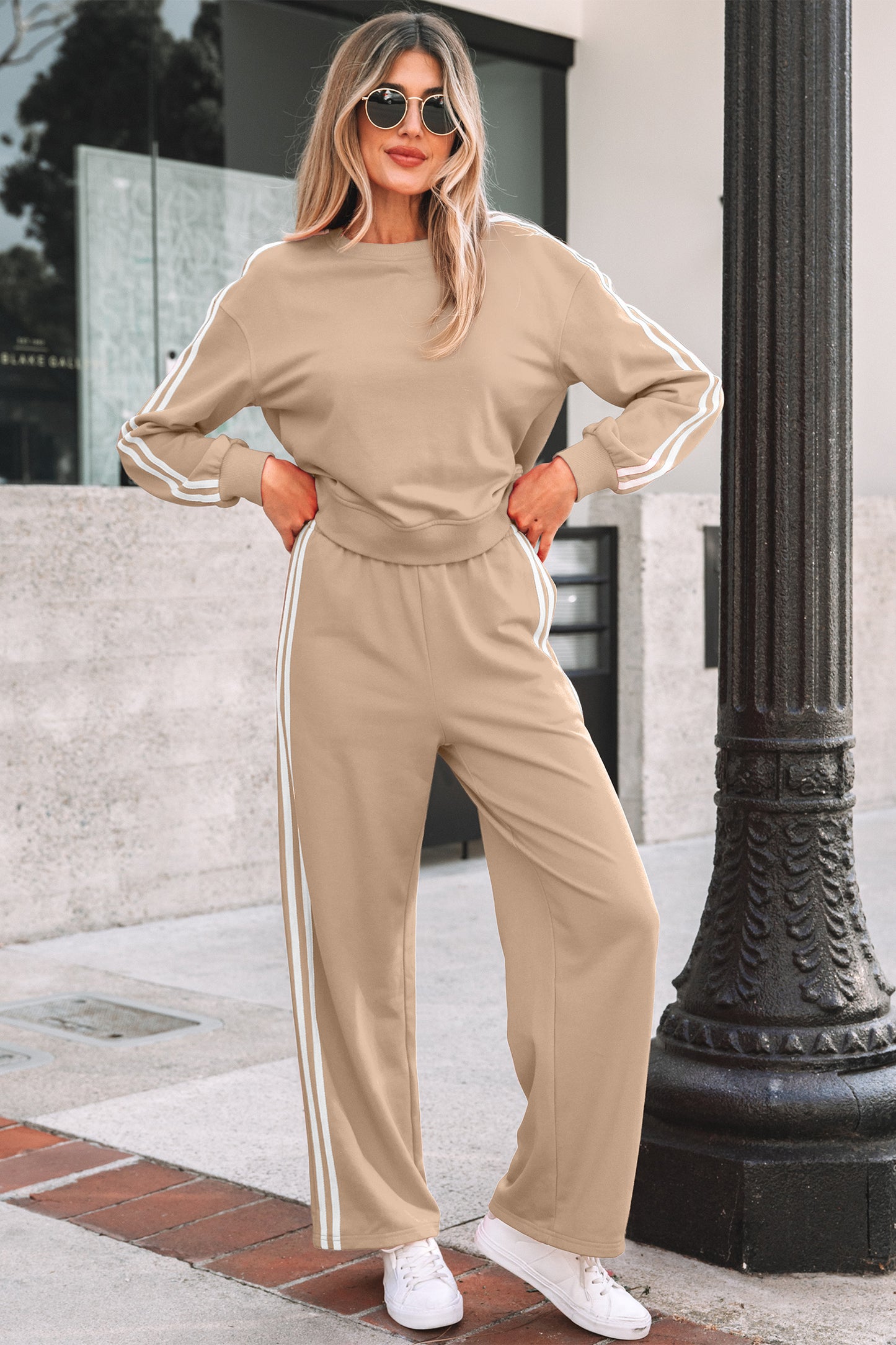 Oatmeal Varsity Striped Detail Crewneck Pullover Elastic Sweatpants 2pcs Outfit-Two Piece Sets/Pant Sets-[Adult]-[Female]-2022 Online Blue Zone Planet