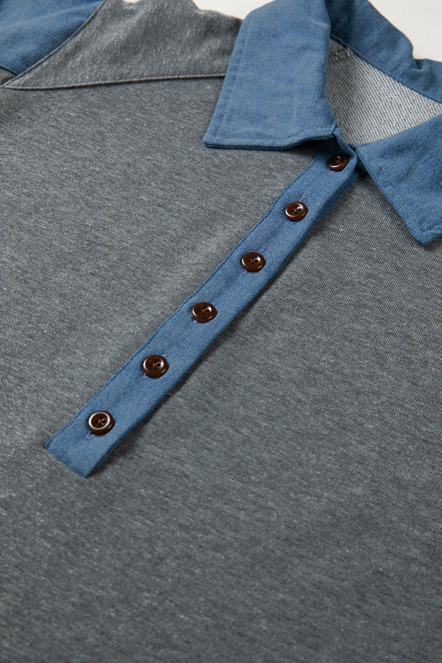 Carbon Grey Denim Color Block Patchwork Shirt Collar Short Sleeve Blouse-Tops/Blouses & Shirts-[Adult]-[Female]-2022 Online Blue Zone Planet