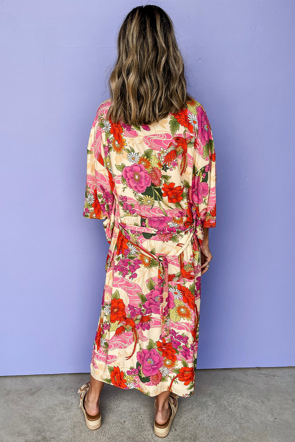 Pink Floral Allover Print Open Front Belted Duster Kimono-Outerwear/Kimonos-[Adult]-[Female]-2022 Online Blue Zone Planet