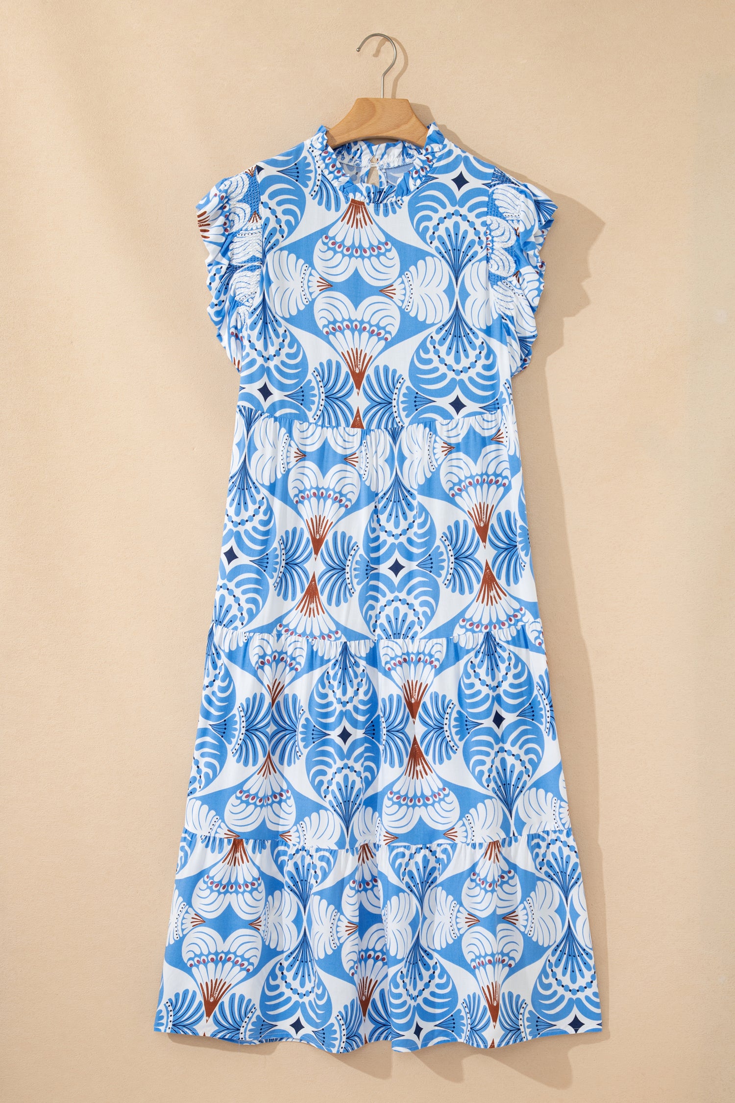 Sky Blue Tropical Botanic Print Flutter Sleeve Vacation Long Dress-TOPS / DRESSES-[Adult]-[Female]-2022 Online Blue Zone Planet