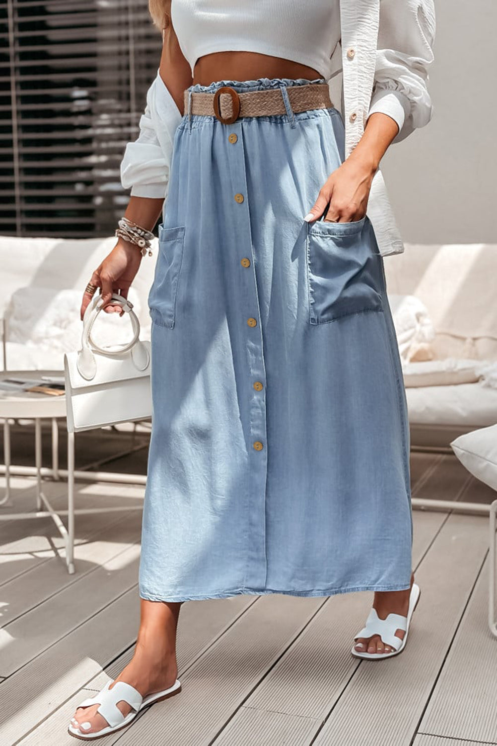 Beau Blue Buttoned Front High Waist Side Pockets Denim Maxi Skirt-Bottoms/Skirts & Petticoat-[Adult]-[Female]-Beau Blue-S-2022 Online Blue Zone Planet