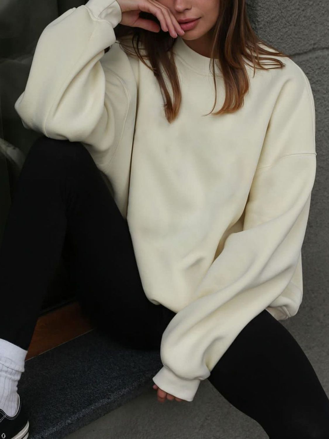 Round Neck Dropped Shoulder Long Sleeve Sweatshirt-TOPS / DRESSES-[Adult]-[Female]-Beige-M-2022 Online Blue Zone Planet