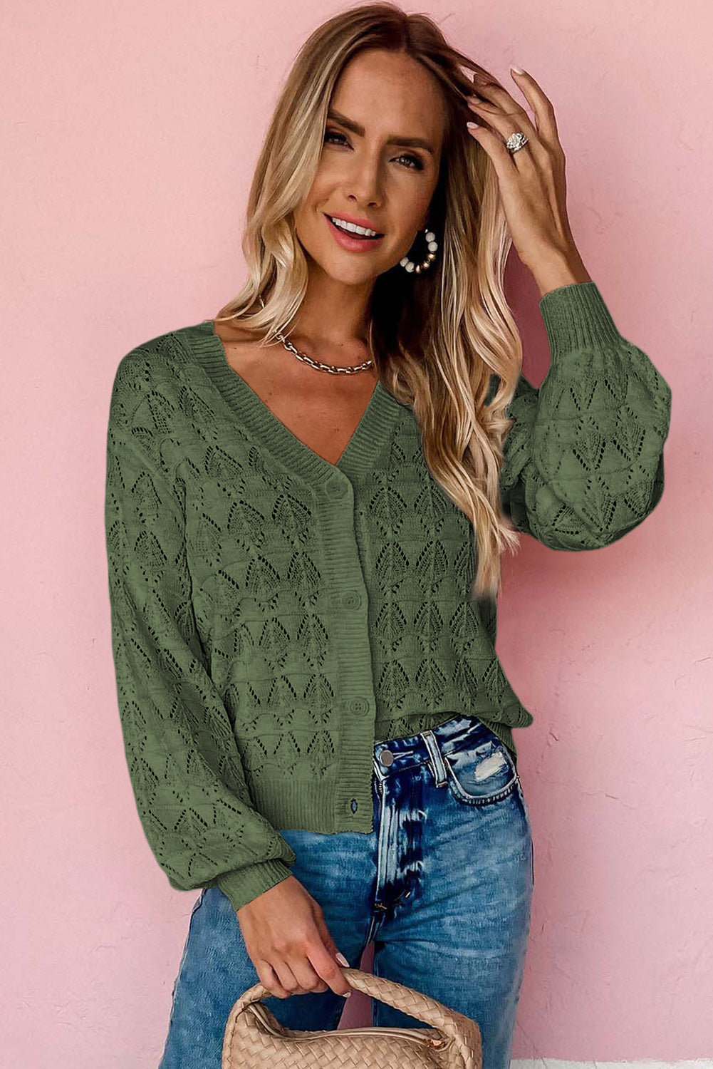Green Lightweight Buttoned Front Crochet Cardigan-TOPS / DRESSES-[Adult]-[Female]-2022 Online Blue Zone Planet