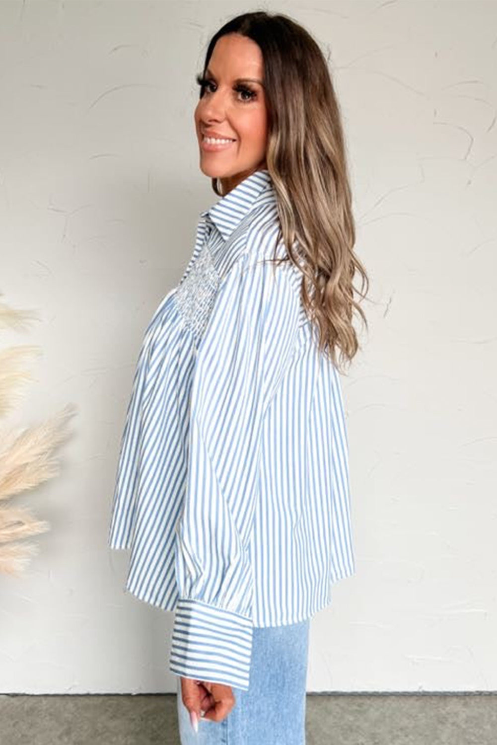Sky Blue Stripe Shirred Detail Half Placket Collared Long Sleeve Fall Shirt-Tops/Blouses & Shirts-[Adult]-[Female]-2022 Online Blue Zone Planet