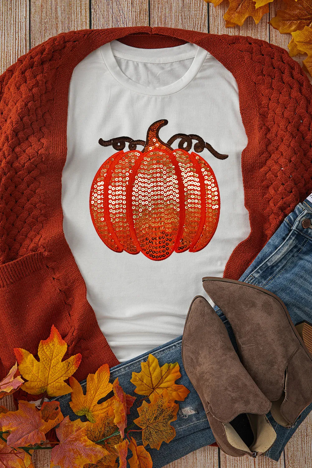 Full Size Sequin Pumpkin Round Neck Short Sleeve T-Shirt-TOPS / DRESSES-[Adult]-[Female]-2022 Online Blue Zone Planet