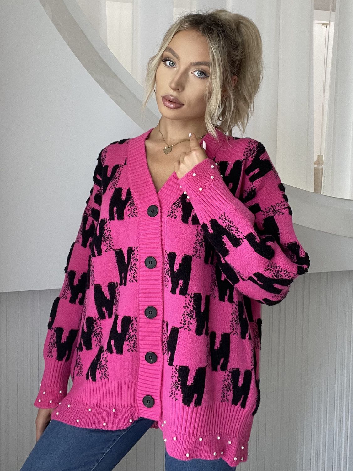 Pearl Trim V-Neck Button Up Cardigan-TOPS / DRESSES-[Adult]-[Female]-Hot Pink-One Size-2022 Online Blue Zone Planet