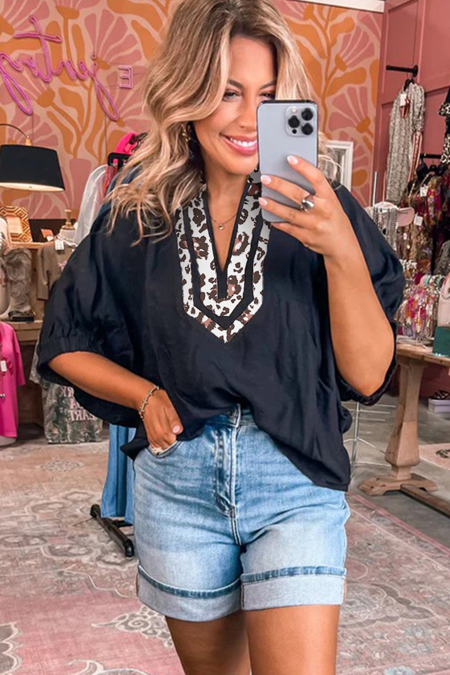 Black Dolman Half Sleeve Leopard Patchwork Trim V Neck Blouse-Tops/Blouses & Shirts-[Adult]-[Female]-2022 Online Blue Zone Planet