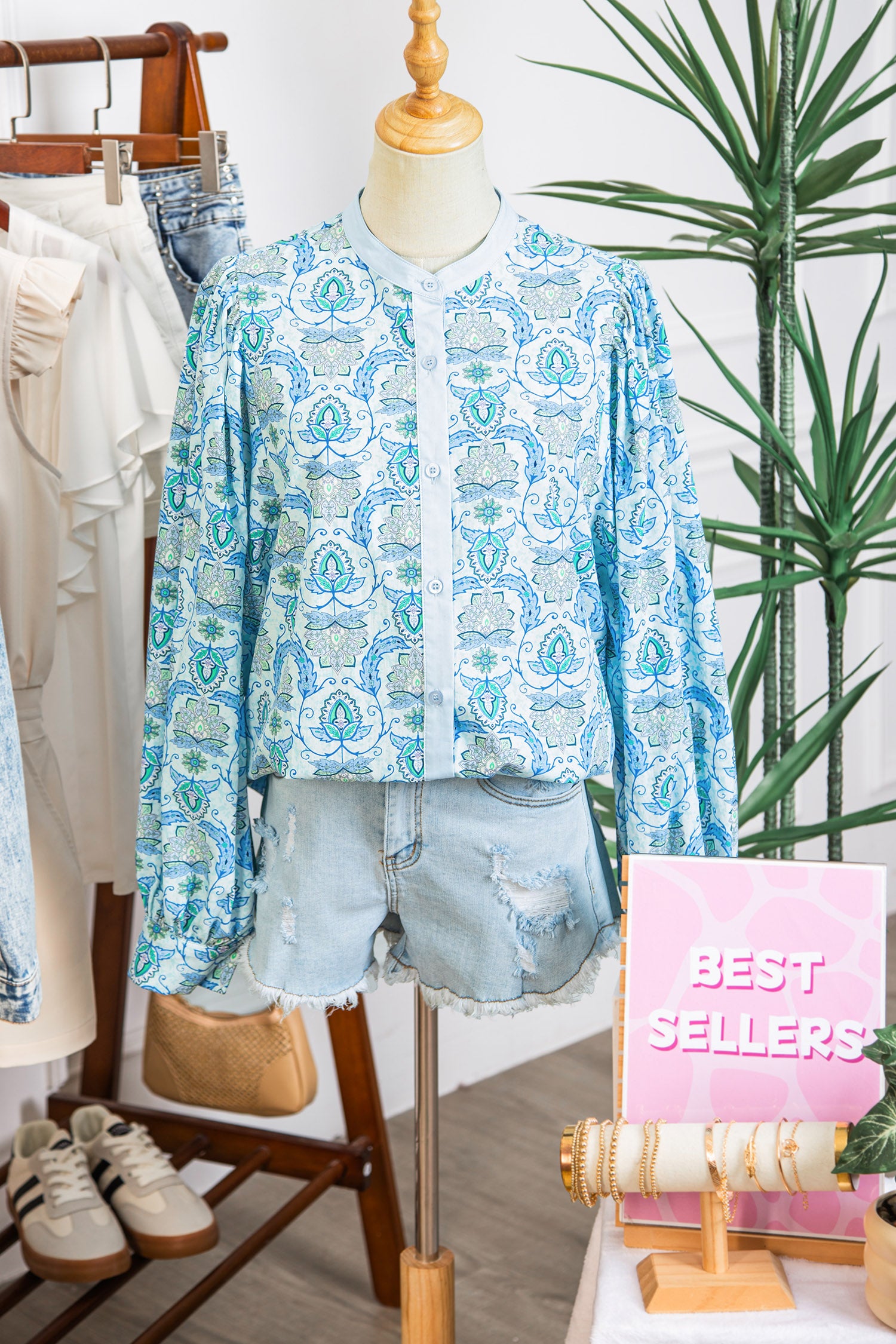 Sky Blue Paisley Print Puff Sleeve Loose Shirt-Tops/Blouses & Shirts-[Adult]-[Female]-2022 Online Blue Zone Planet