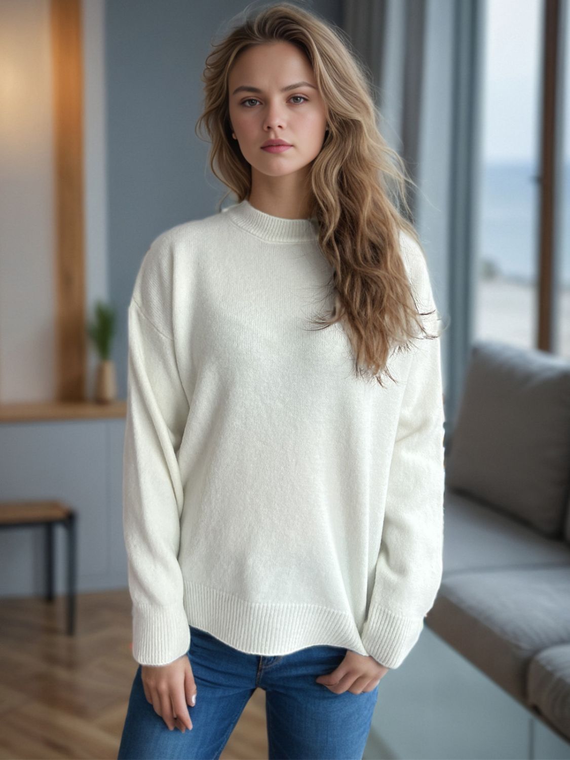 Blue Zone Planet | Round Neck Drop Shoulder Long Sleeve Sweater-TOPS / DRESSES-[Adult]-[Female]-2022 Online Blue Zone Planet