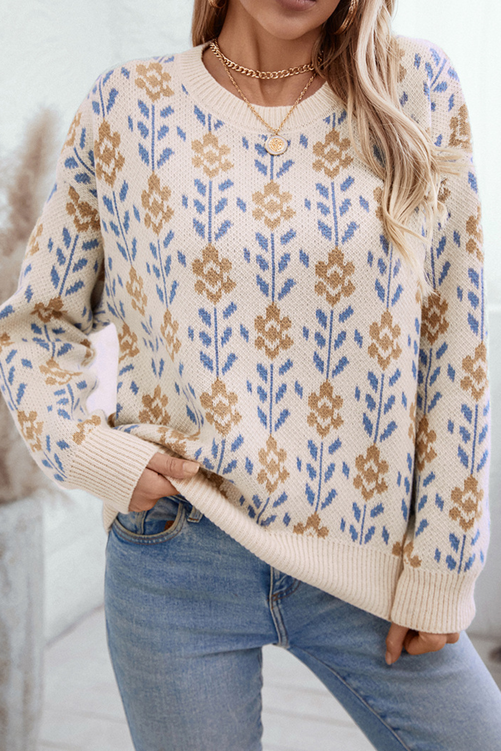 Apricot Floral Pattern Crew Neck Sweater-Sweaters-[Adult]-[Female]-2022 Online Blue Zone Planet