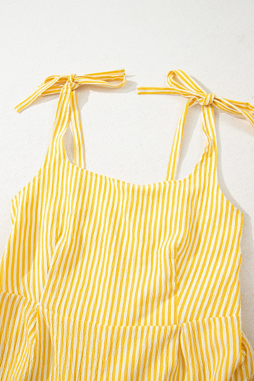 Yellow Stripe Shoulder Tie Smocked Back Wide Leg Casual Romper-Bottoms/Jumpsuits & Rompers-[Adult]-[Female]-2022 Online Blue Zone Planet