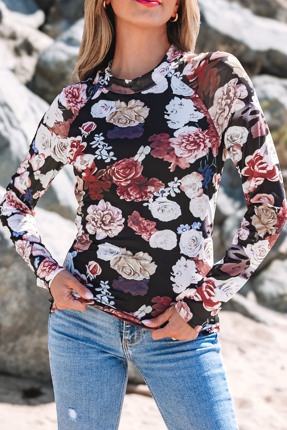 Pink Mesh Floral Print Mock Neck Long Sleeve Slim Top-Tops/Long Sleeve Tops-[Adult]-[Female]-2022 Online Blue Zone Planet