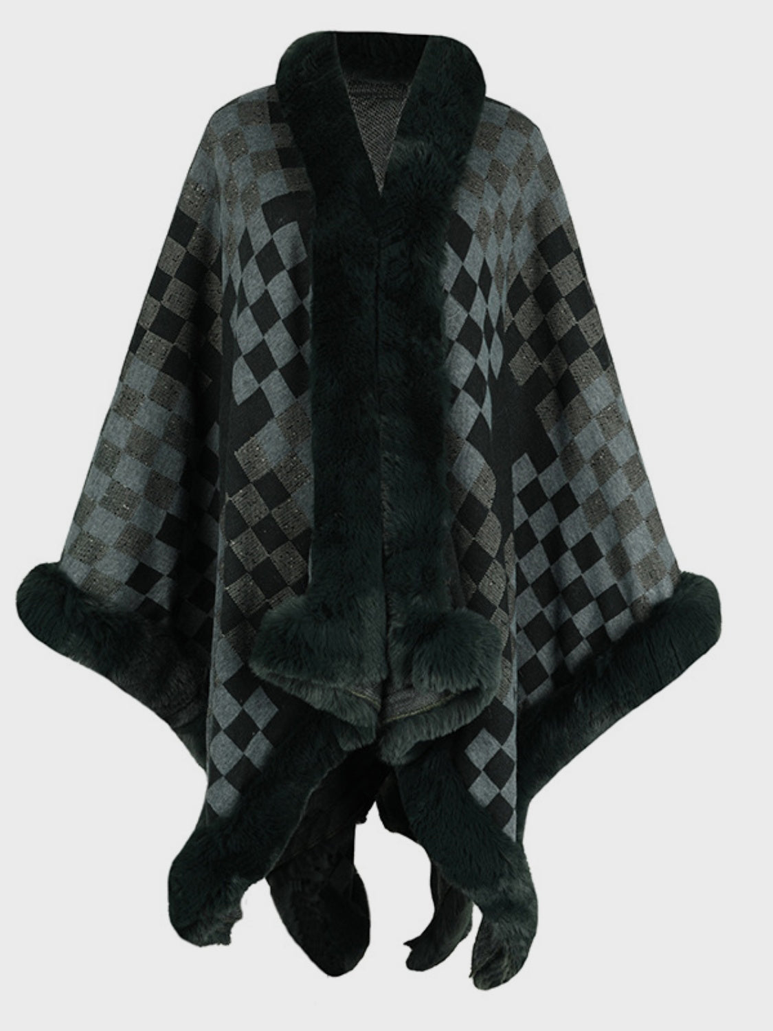 Fuzzy Checkered Long Sleeve Poncho-TOPS / DRESSES-[Adult]-[Female]-Black Forest-One Size-2022 Online Blue Zone Planet