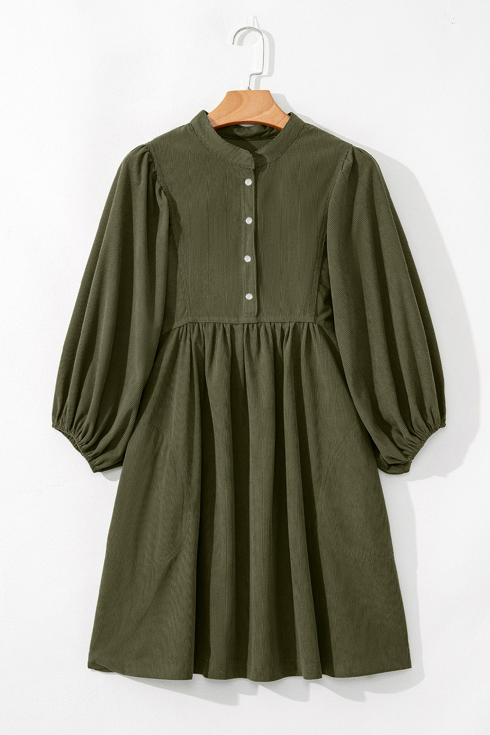 Blue Zone Planet | Vineyard Green Corduroy Snap Buttons Empire Waist Bracelet Sleeve Mini Dress-TOPS / DRESSES-[Adult]-[Female]-2022 Online Blue Zone Planet