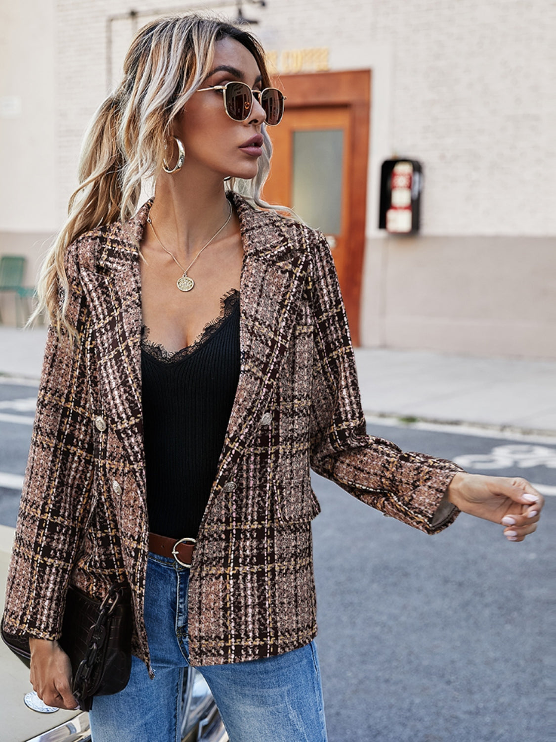 Full Size Plaid Lapel Collar Blazer-TOPS / DRESSES-[Adult]-[Female]-Brown-S-2022 Online Blue Zone Planet