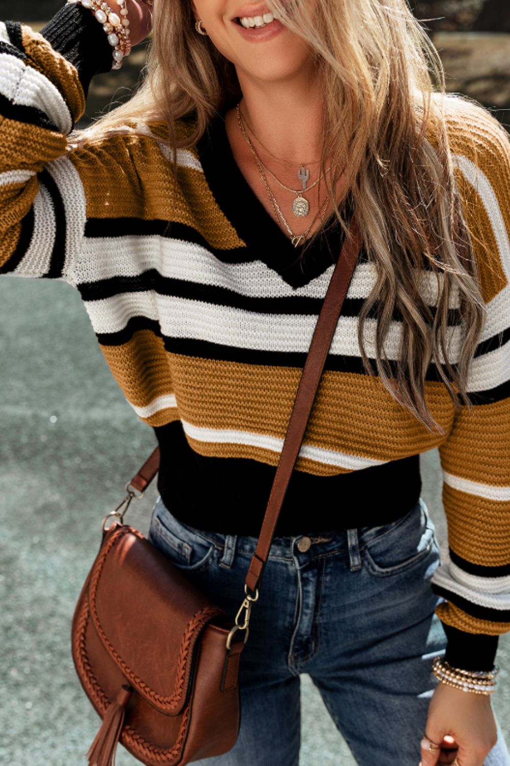 Contrast Stripes V Neck Long Sleeve Sweater-TOPS / DRESSES-[Adult]-[Female]-2022 Online Blue Zone Planet