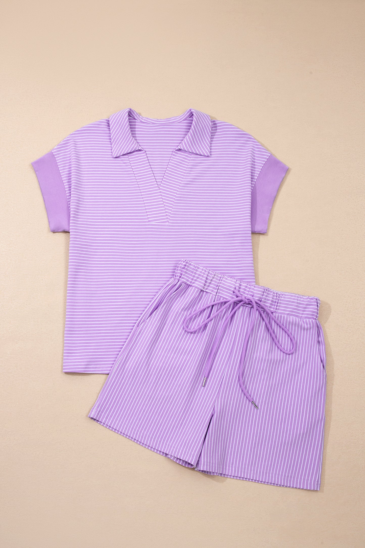 Khaki Stripe Dolman Sleeve Polo Shirt and Drawstring Shorts Set-Two Piece Sets/Short Sets-[Adult]-[Female]-2022 Online Blue Zone Planet