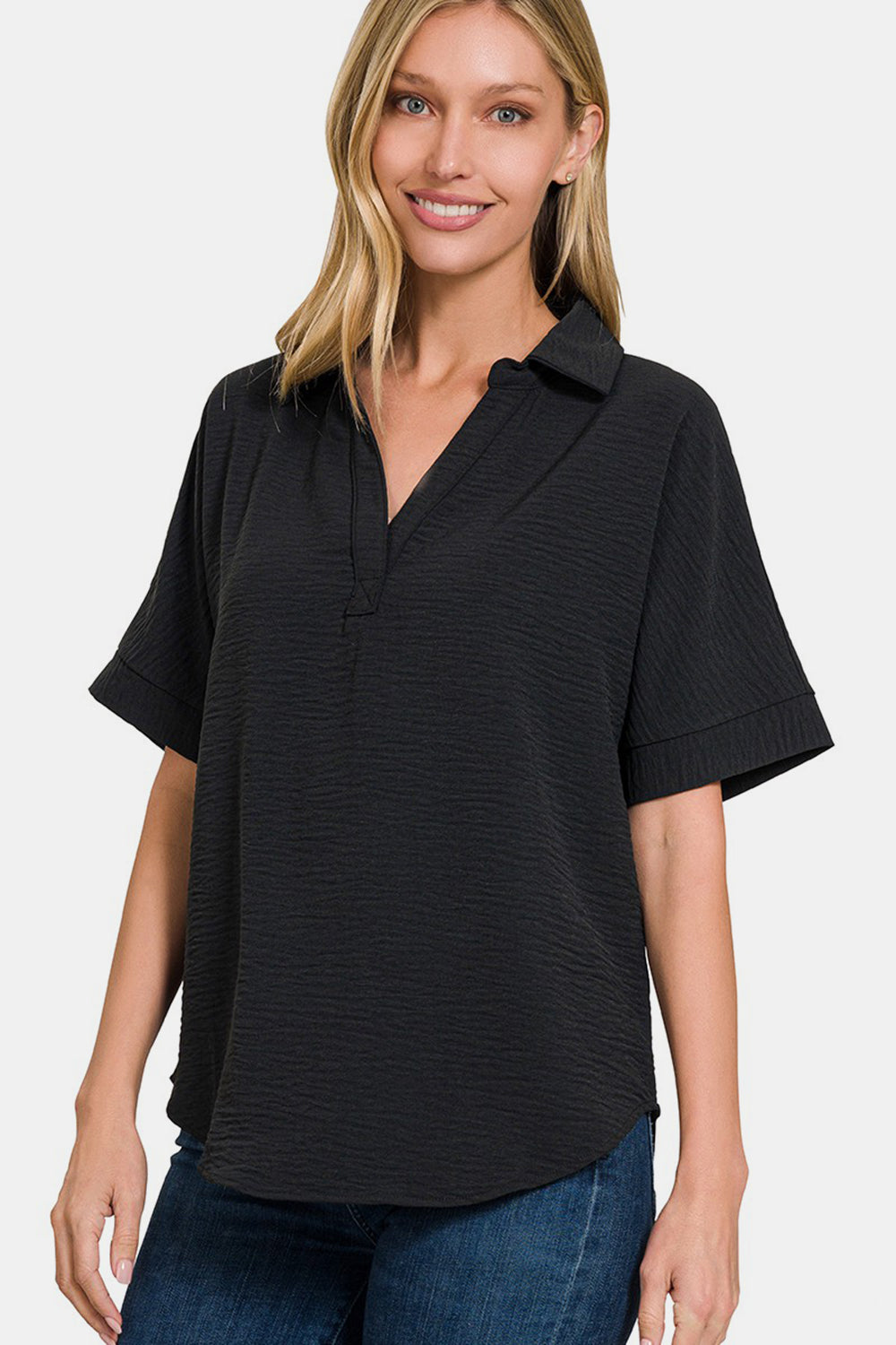 Zenana Full Size Texture Collared Neck Short Sleeve Top-TOPS / DRESSES-[Adult]-[Female]-Black-S-2022 Online Blue Zone Planet