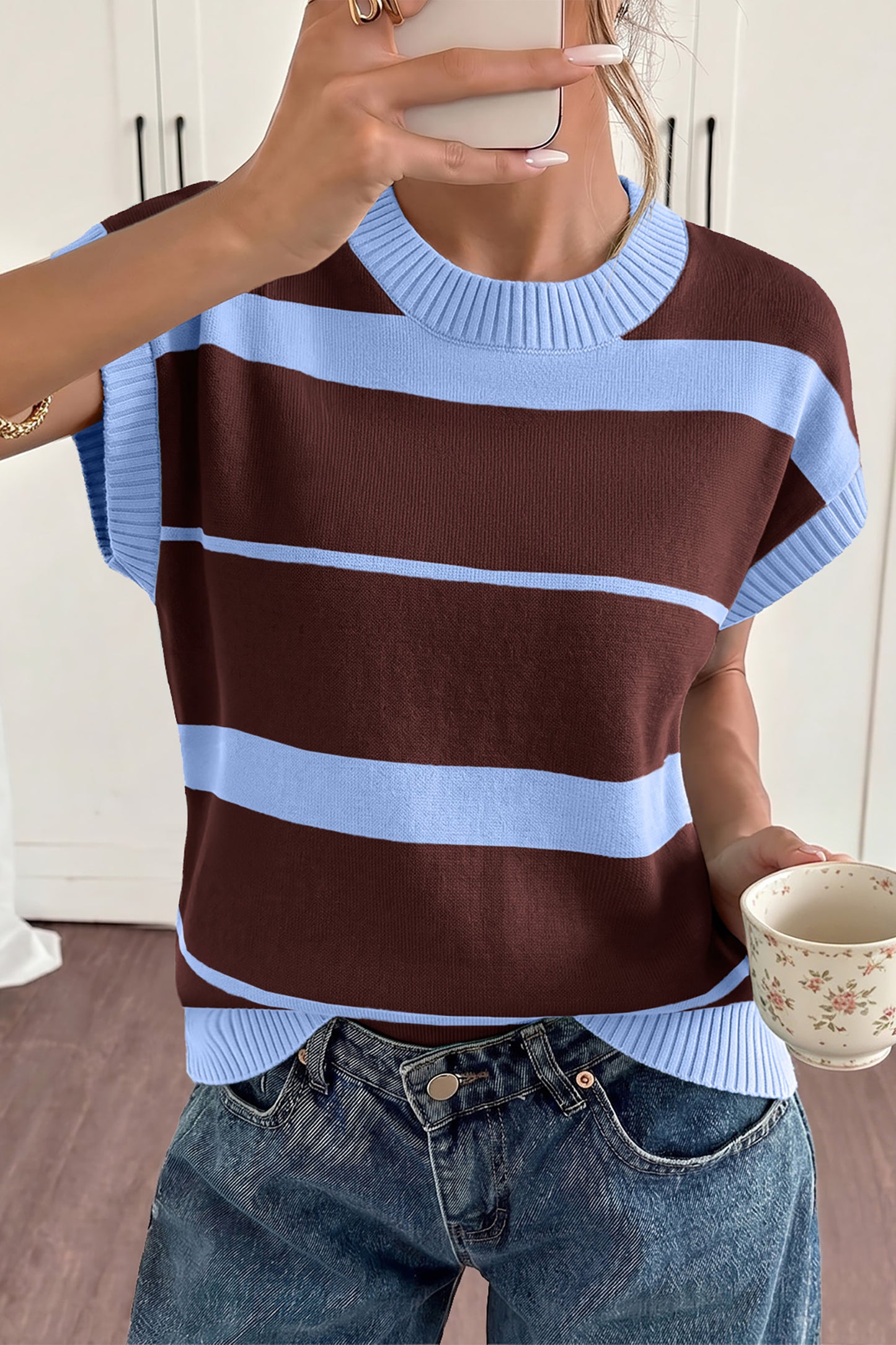 Sky Blue Stripe Striped Short Sleeve Round Neck Casual Knit Top-TOPS / DRESSES-[Adult]-[Female]-2022 Online Blue Zone Planet