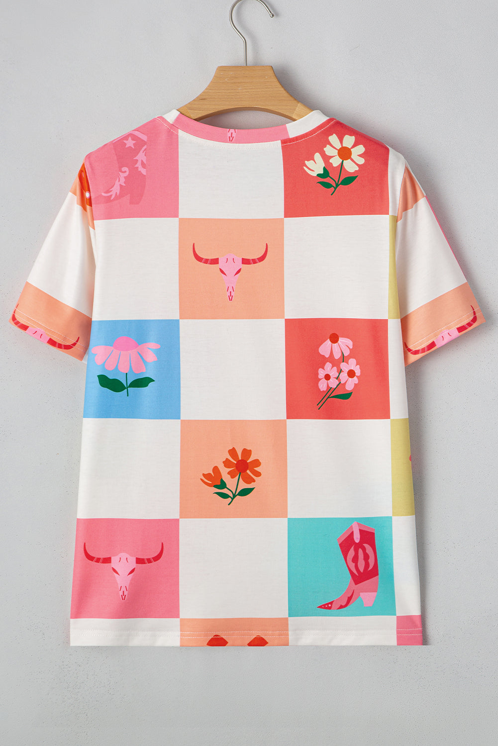 Orange Western Fashion Checker Print Crewneck T Shirt-Tops/Tops & Tees-[Adult]-[Female]-2022 Online Blue Zone Planet