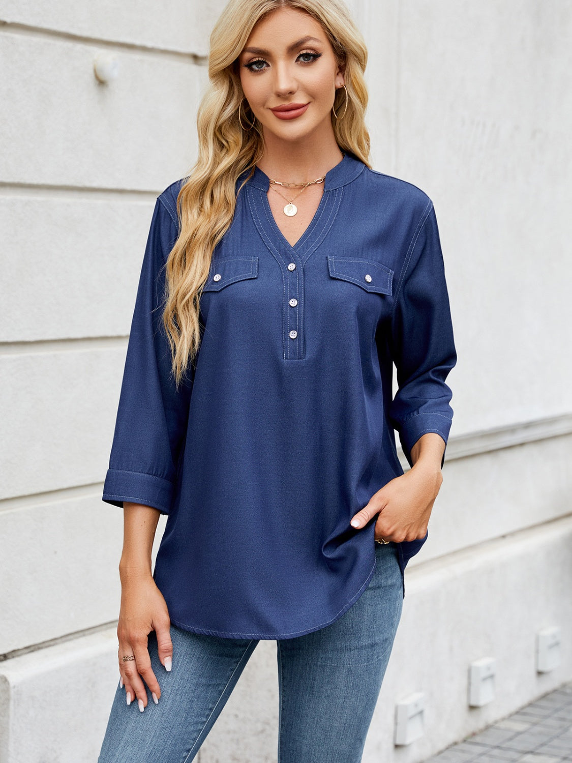 Notched Three-Quarter Sleeve Denim Top-TOPS / DRESSES-[Adult]-[Female]-Dark Navy-S-2022 Online Blue Zone Planet