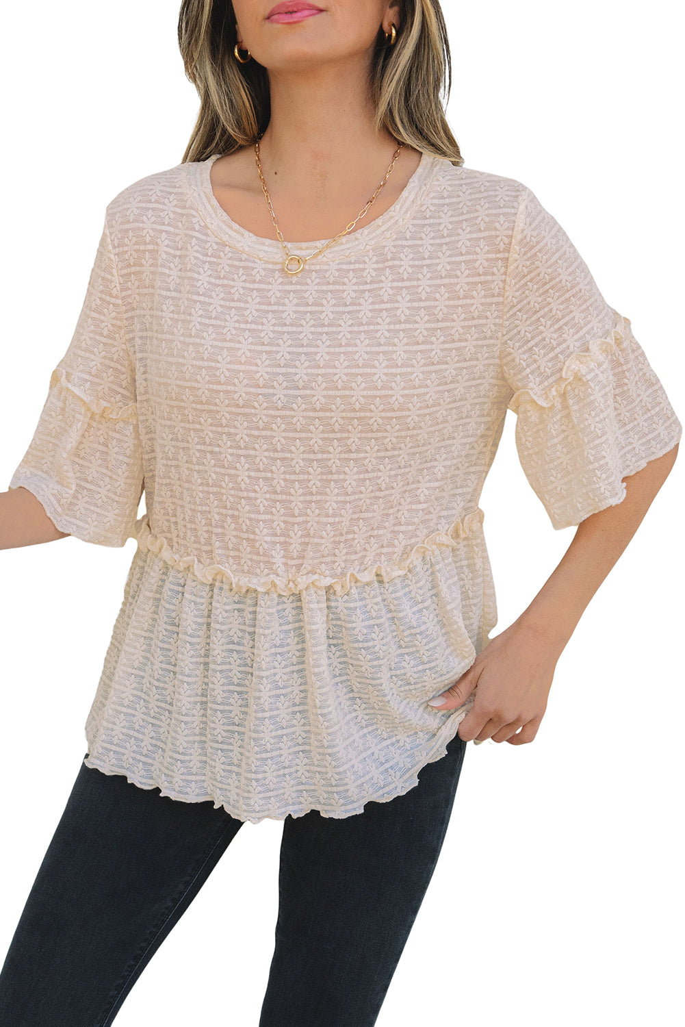 Beige Solid Color Textured Ruffled Short Sleeve Blouse-Tops/Blouses & Shirts-[Adult]-[Female]-2022 Online Blue Zone Planet