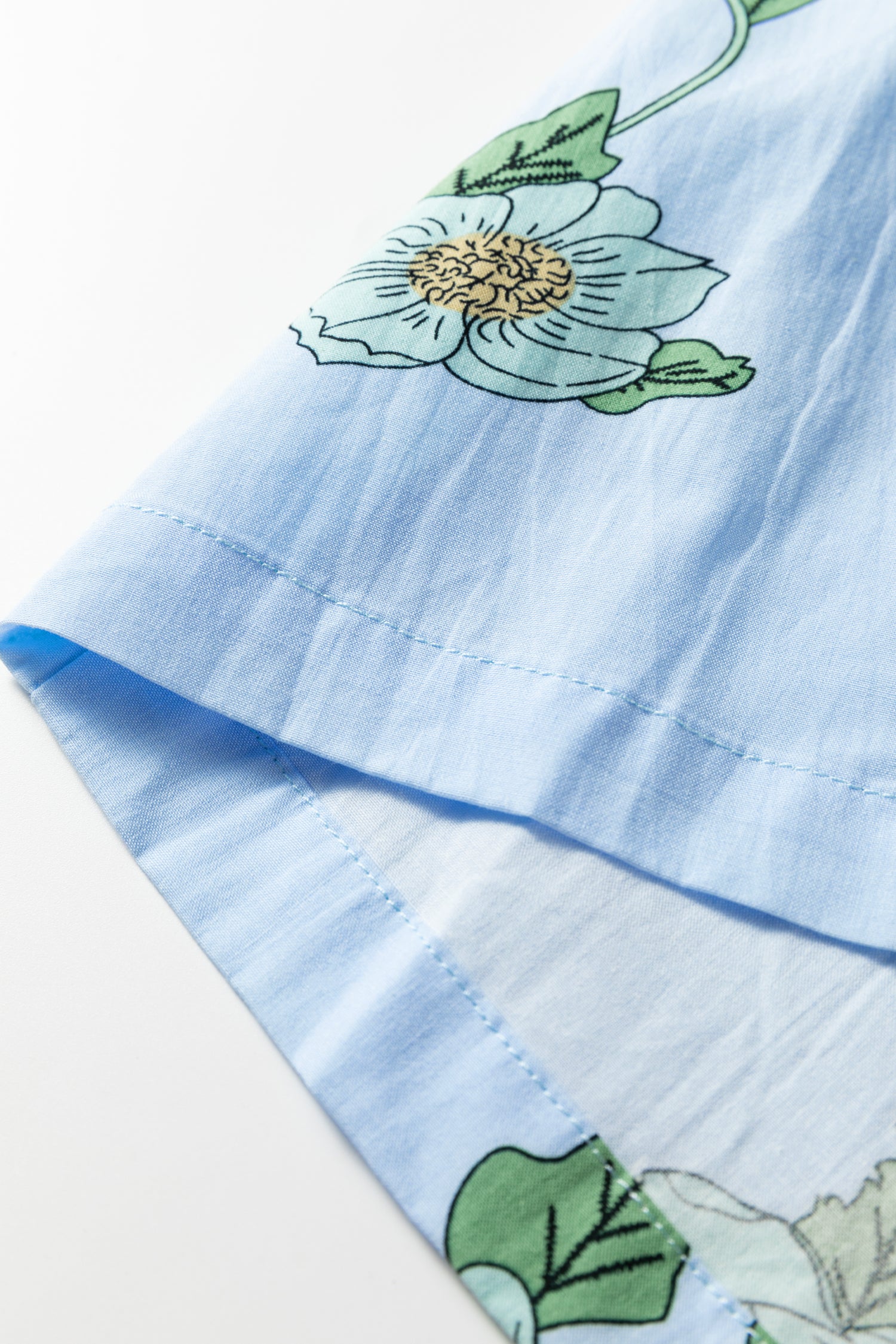 Sky Blue Floral Print Contrast Striped Trim Ruffled V Neck Fall Blouse-Tops/Blouses & Shirts-[Adult]-[Female]-2022 Online Blue Zone Planet