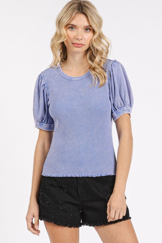 Mittoshop Mineral Wash Puff Sleeve Rib Knit T-Shirt-TOPS / DRESSES-[Adult]-[Female]-2022 Online Blue Zone Planet