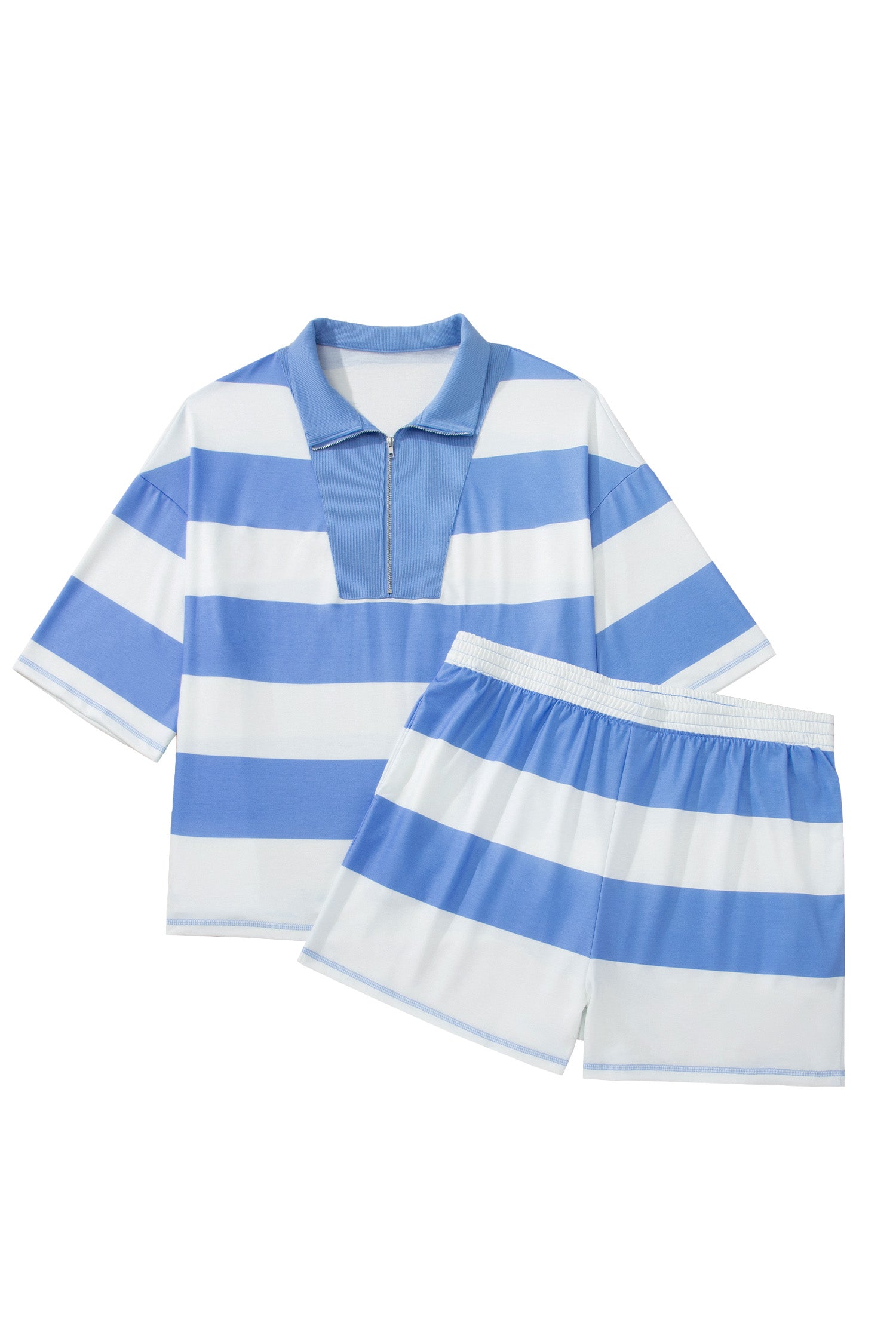 Sky Blue Stripe Drop Shoulder Zipped Collar T Shirt Plus Size Shorts Set-Plus Size/Plus Size Loungewear-[Adult]-[Female]-2022 Online Blue Zone Planet