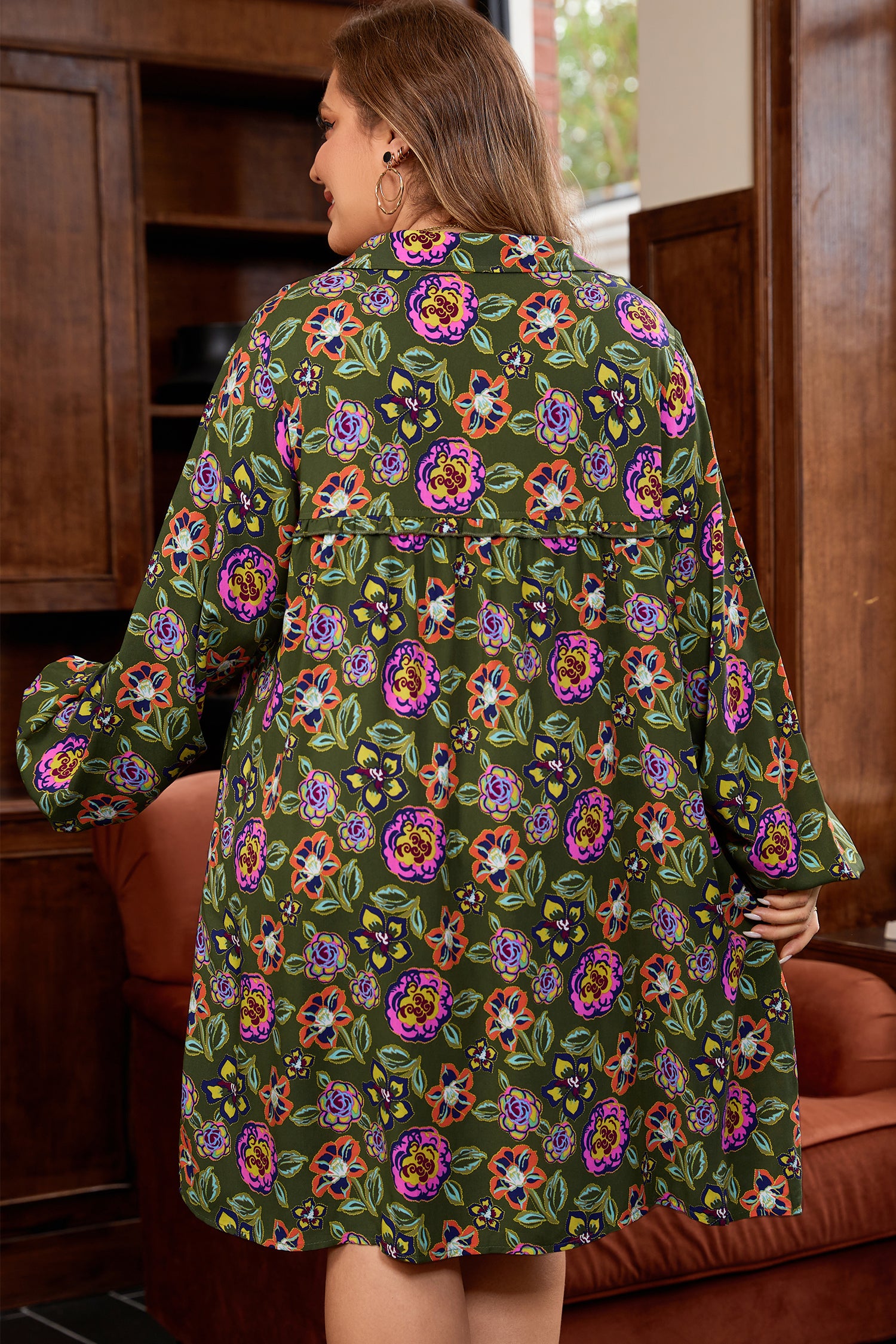 Green Plus Size Floral Print Collared V Neck Loose Mini Dress-TOPS / DRESSES-[Adult]-[Female]-2022 Online Blue Zone Planet