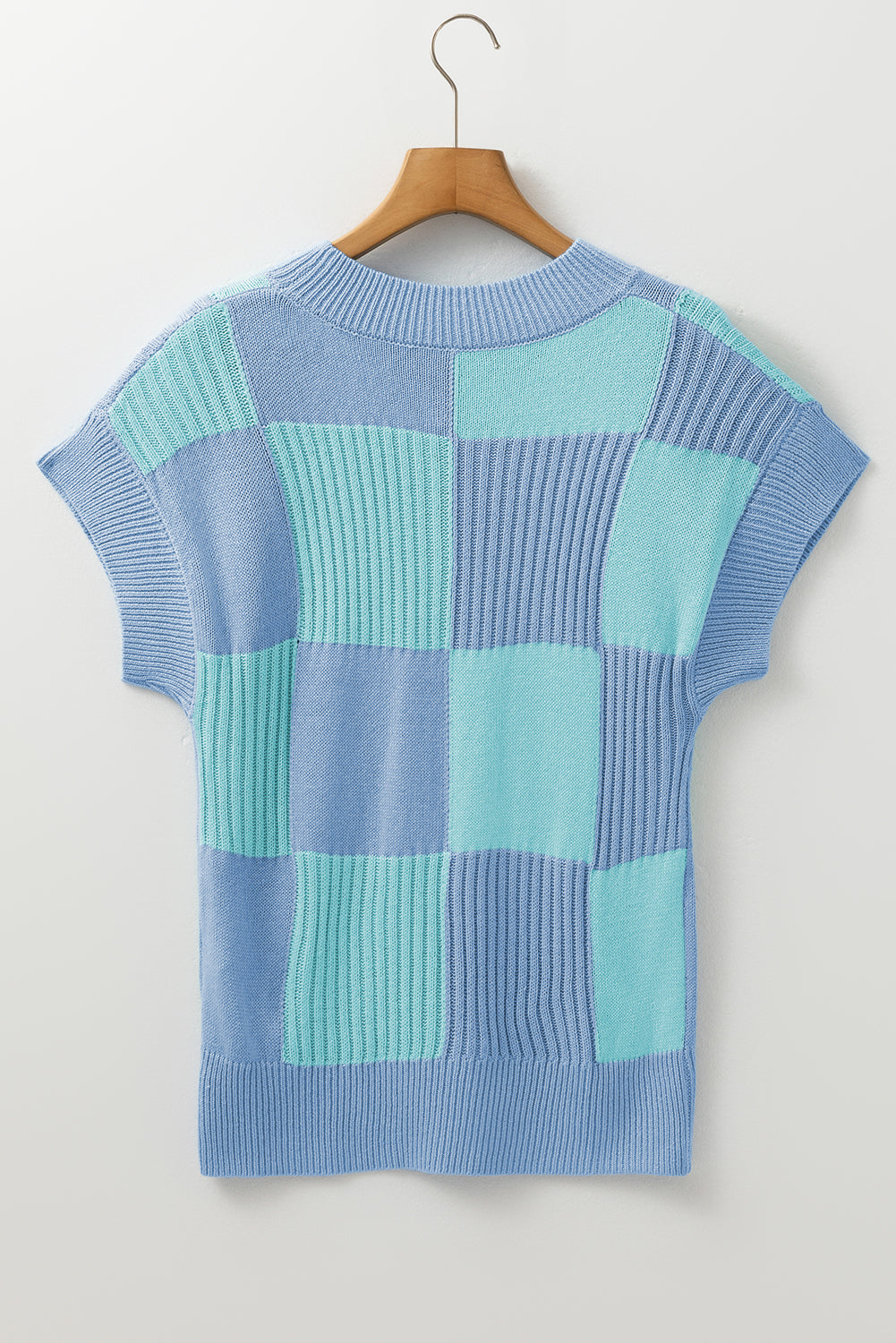 Blue Zone Planet | Light Blue Checkered Color Block Crew Neck Short Sleeve Sweater-Sweaters & Cardigans/Short Sleeve Sweaters-[Adult]-[Female]-2022 Online Blue Zone Planet