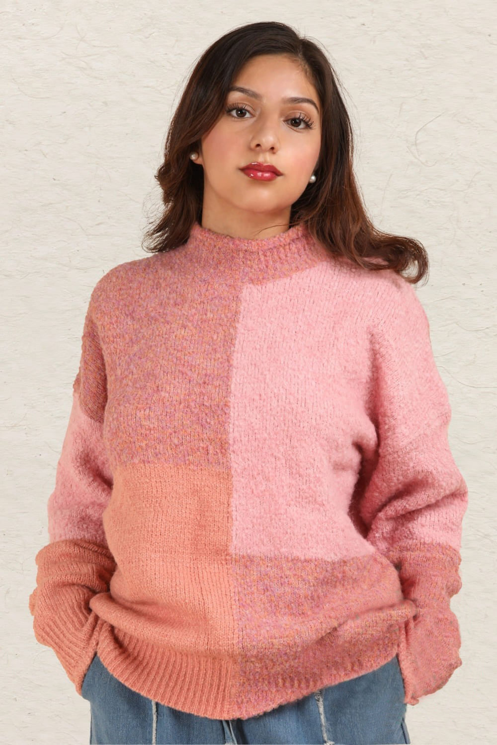 VERY J Color Block Mock Neck Drop Shoulder Sweater-TOPS / DRESSES-[Adult]-[Female]-Pink-S-2022 Online Blue Zone Planet