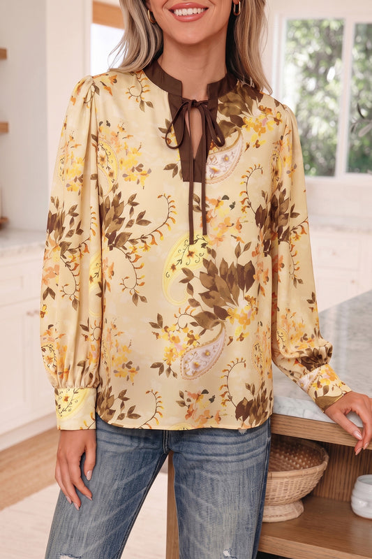Khaki Paisley Print Tie Neck Long Sleeve Blouse-Tops/Blouses & Shirts-[Adult]-[Female]-Khaki-S-2022 Online Blue Zone Planet
