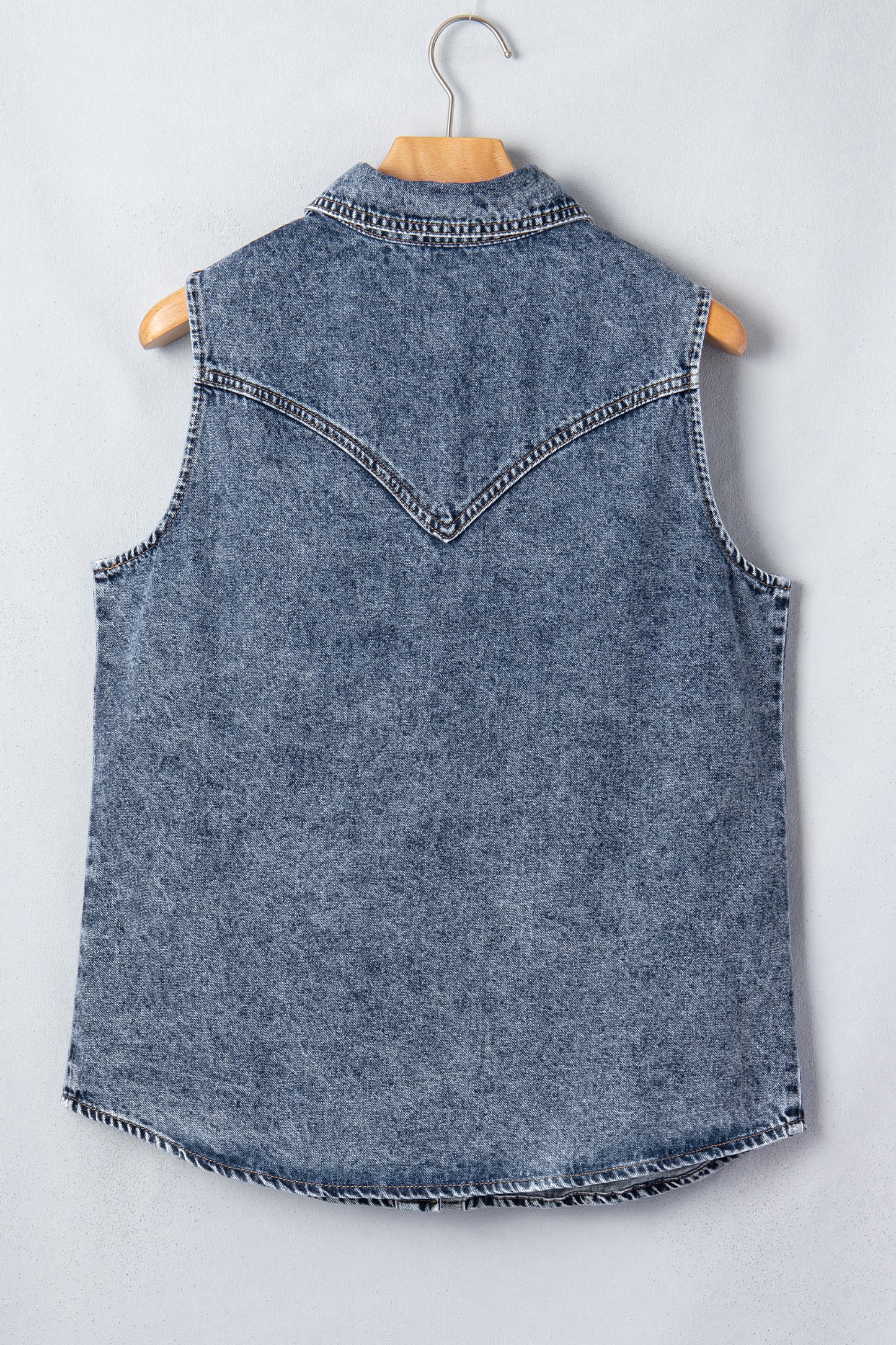 Ashleigh Blue Solid Denim Button Front Pocket Sleeveless Cowboy Vest-Outerwear/Vests-[Adult]-[Female]-2022 Online Blue Zone Planet