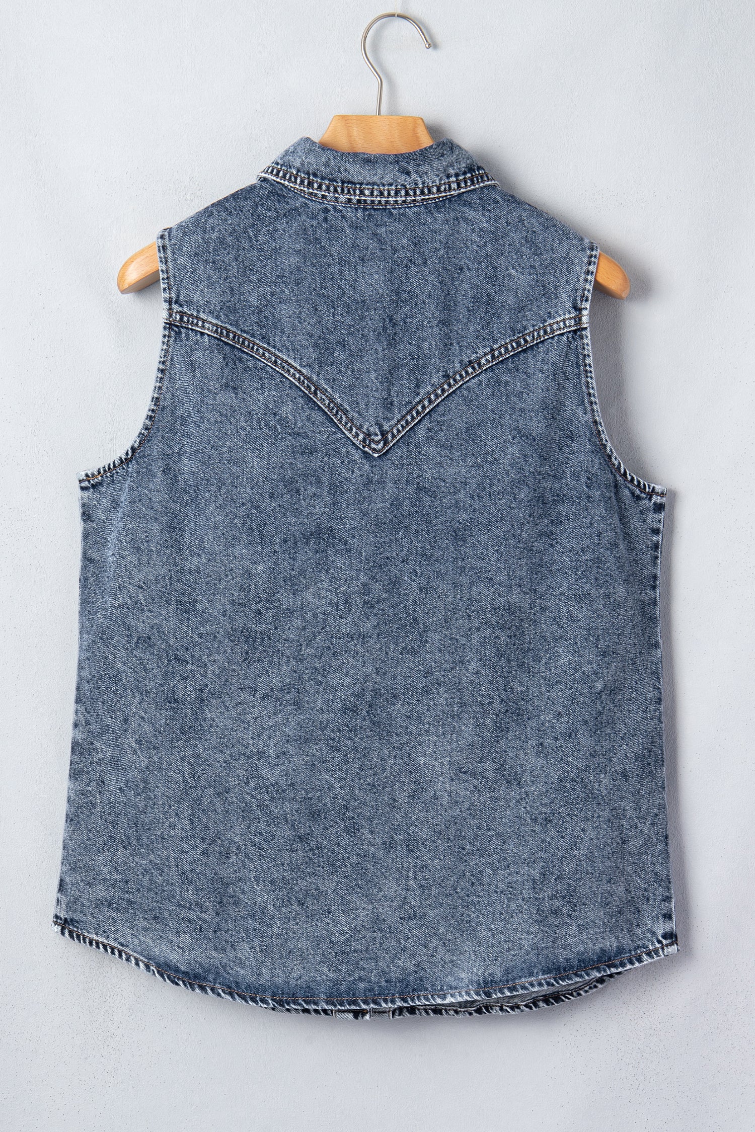 Ashleigh Blue Solid Denim Button Front Pocket Sleeveless Cowboy Vest-Outerwear/Vests-[Adult]-[Female]-2022 Online Blue Zone Planet