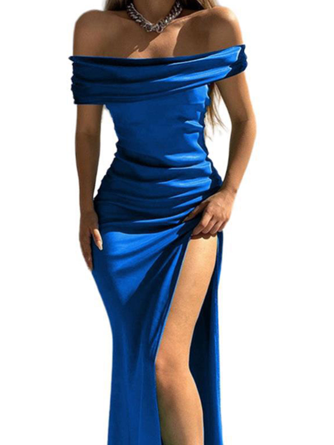 Split Ruched Off-Shoulder Dress BLUE ZONE PLANET