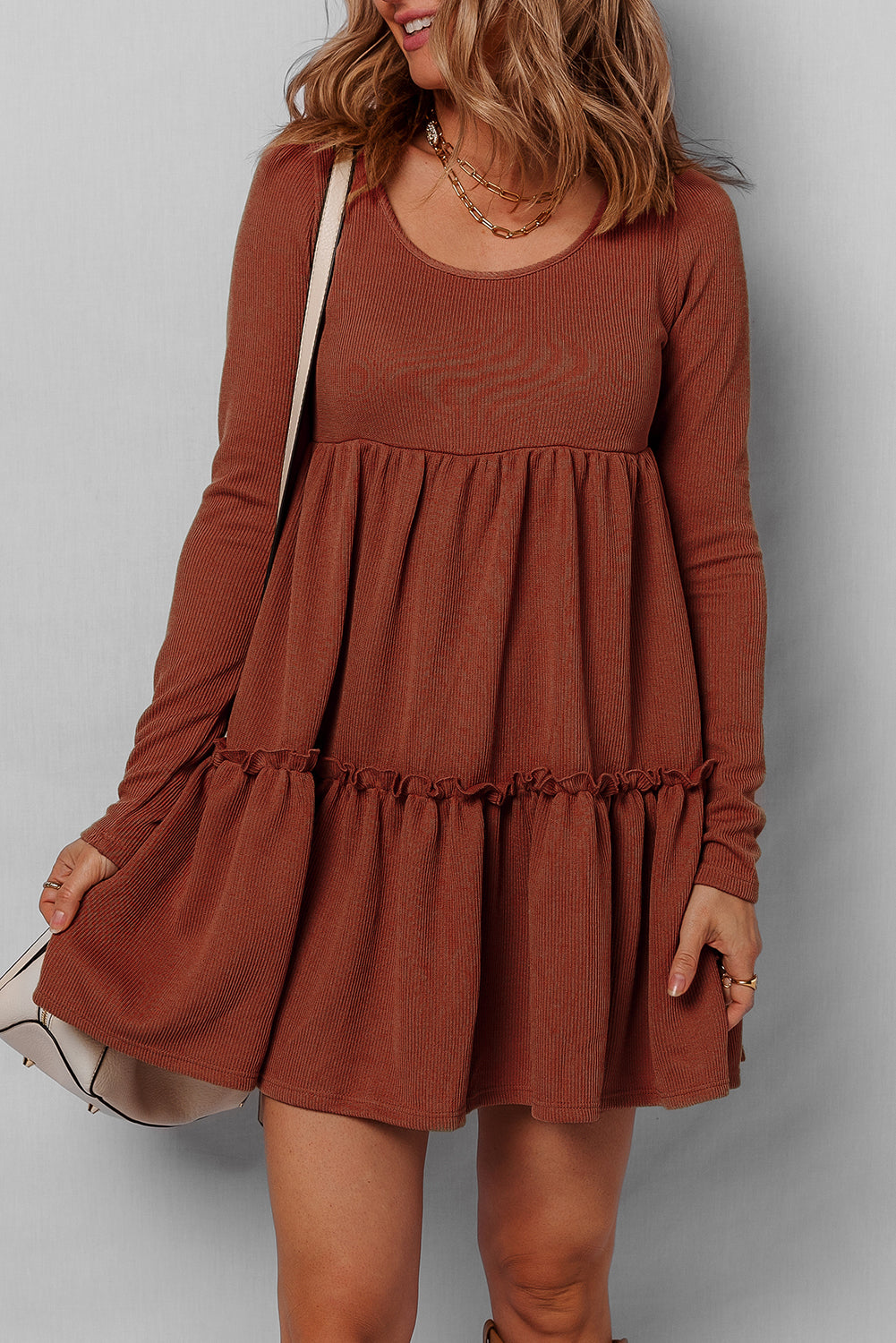 Straw Yellow Ribbed Frilled Trim High Waist Long Sleeve Mini Dress-TOPS / DRESSES-[Adult]-[Female]-2022 Online Blue Zone Planet
