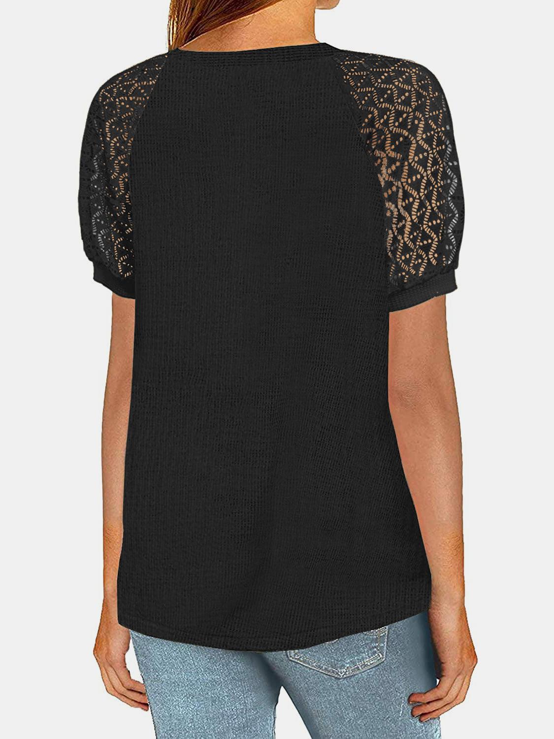 Blue Zone Planet | Lace Detail Round Neck Half Sleeve T-Shirt-TOPS / DRESSES-[Adult]-[Female]-2022 Online Blue Zone Planet