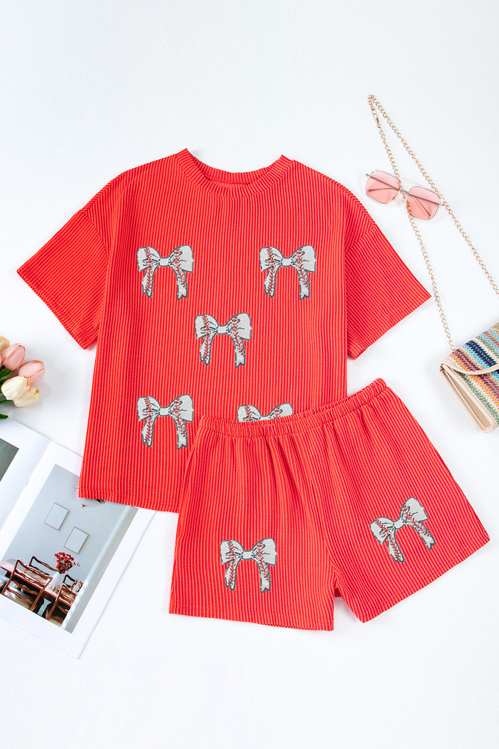 Orange Twist Ribbed Glitter Baseball Patched Short 2pcs Outfit-Graphic/Graphic Sets-[Adult]-[Female]-2022 Online Blue Zone Planet