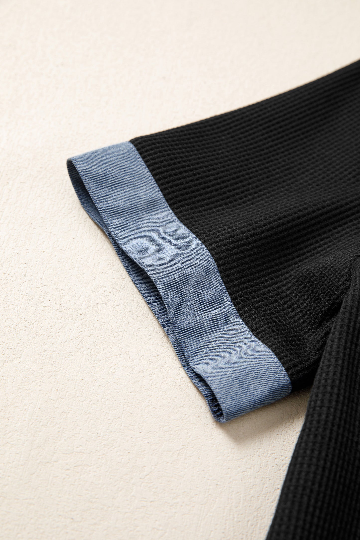 Black Waffle Knit Denim Color Block Patchwork Button Flap Polo Top-Tops/Blouses & Shirts-[Adult]-[Female]-2022 Online Blue Zone Planet