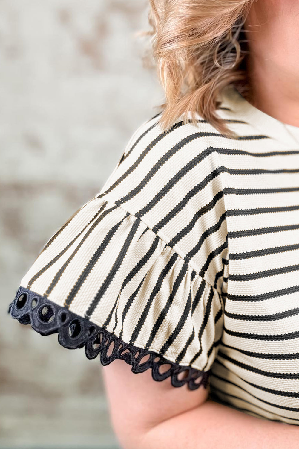 Black Stripe Eyelet Trimmed Ruffled Short Sleeve Plus Size Top-Plus Size/Plus Size Tops/Plus Size Tops & Tees-[Adult]-[Female]-2022 Online Blue Zone Planet