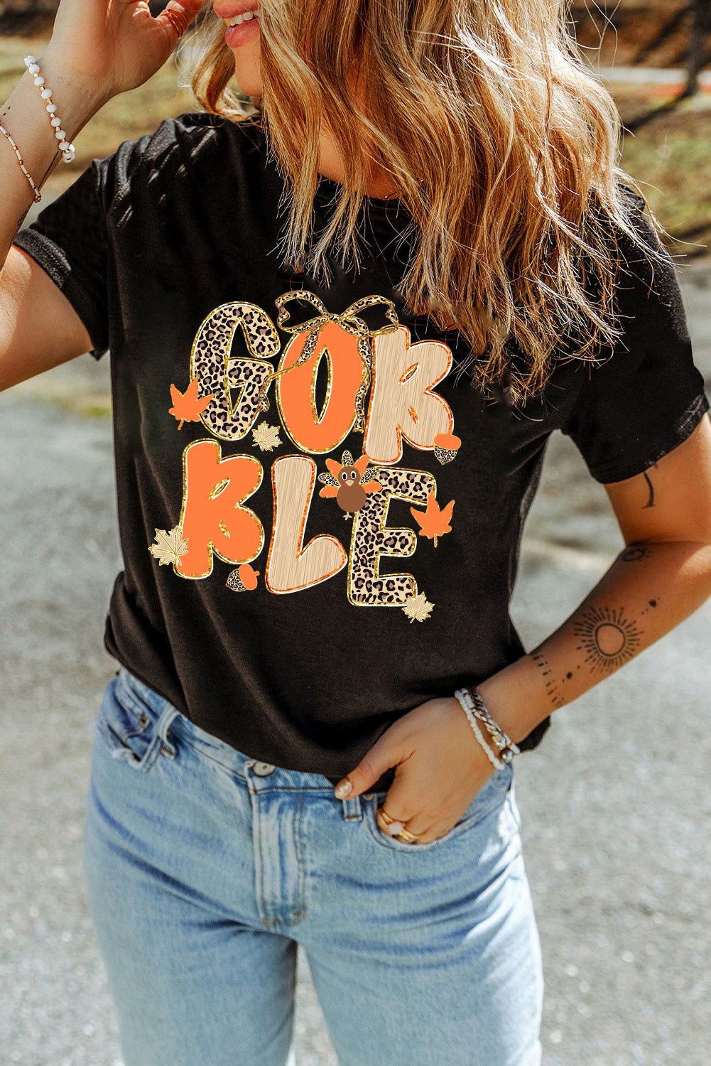 Black Gobble Leopard Letter Print Turkey Bow Graphic T Shirt-Graphic/Graphic Tees-[Adult]-[Female]-2022 Online Blue Zone Planet