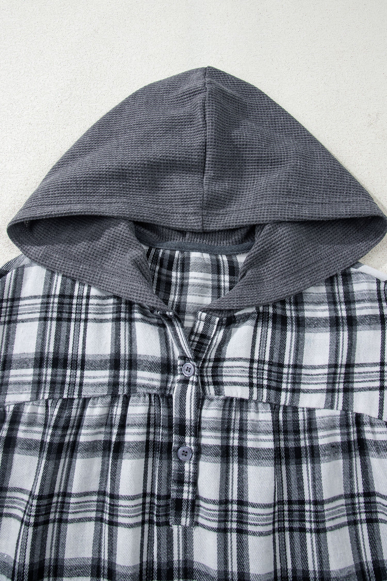 Gray Plaid Patchwork Long Sleeve Button Hooded Blouse-Tops / Dresses-[Adult]-[Female]-2022 Online Blue Zone Planet