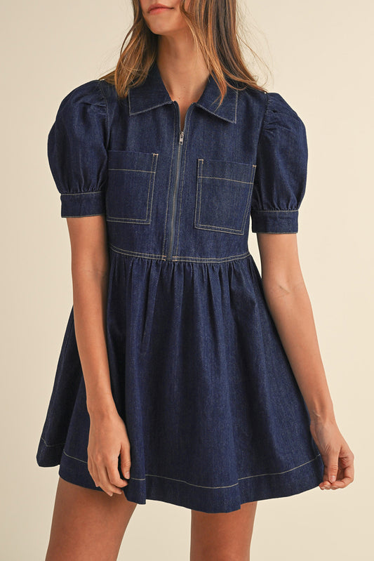 Dirty blue Zipped up Bodice Collared Short Puff Sleeve Denim Dress-TOPS / DRESSES-[Adult]-[Female]-Dirty blue-S-2022 Online Blue Zone Planet