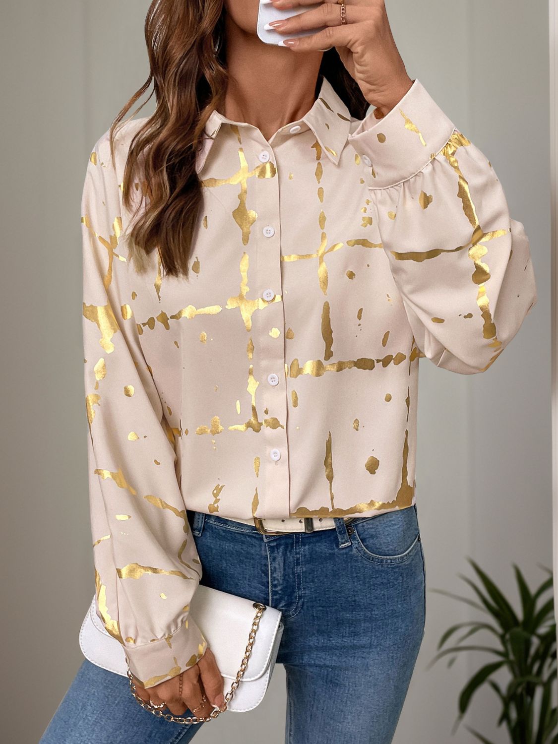 Perfee Printed Collared Neck Long Sleeve Shirt-TOPS / DRESSES-[Adult]-[Female]-2022 Online Blue Zone Planet