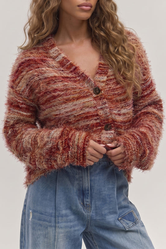 Tawny Fuzzy Striped Button Front Cardigan Sweater-Sweaters & Cardigans/Cardigans-[Adult]-[Female]-Tawny-S-2022 Online Blue Zone Planet