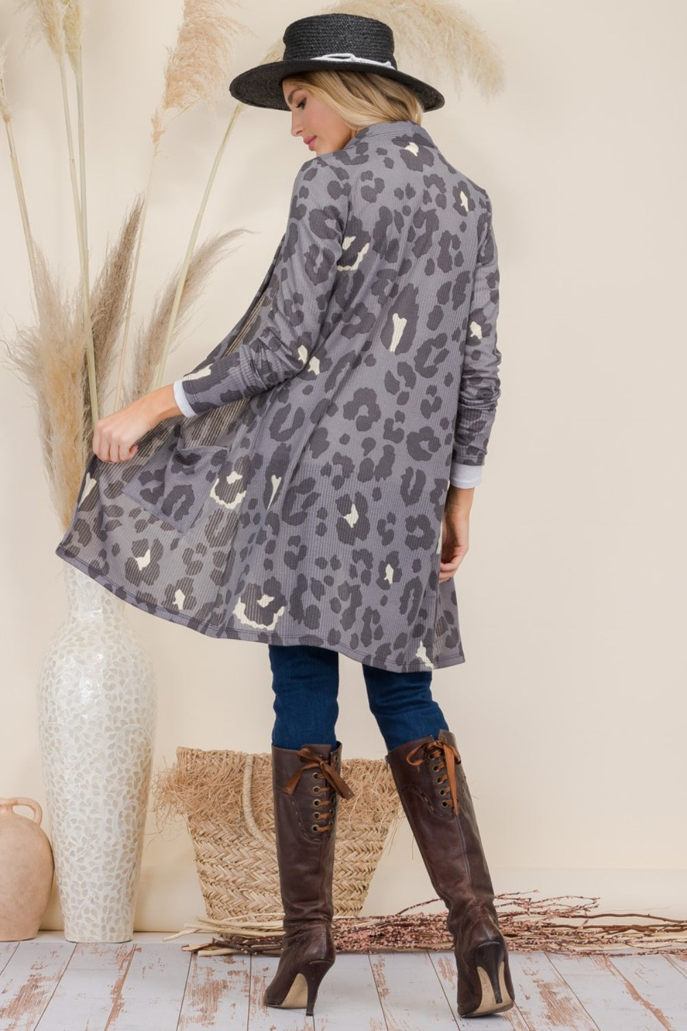 Celeste Full Size Leopard Open Front Contrast Cardigan-TOPS / DRESSES-[Adult]-[Female]-2022 Online Blue Zone Planet