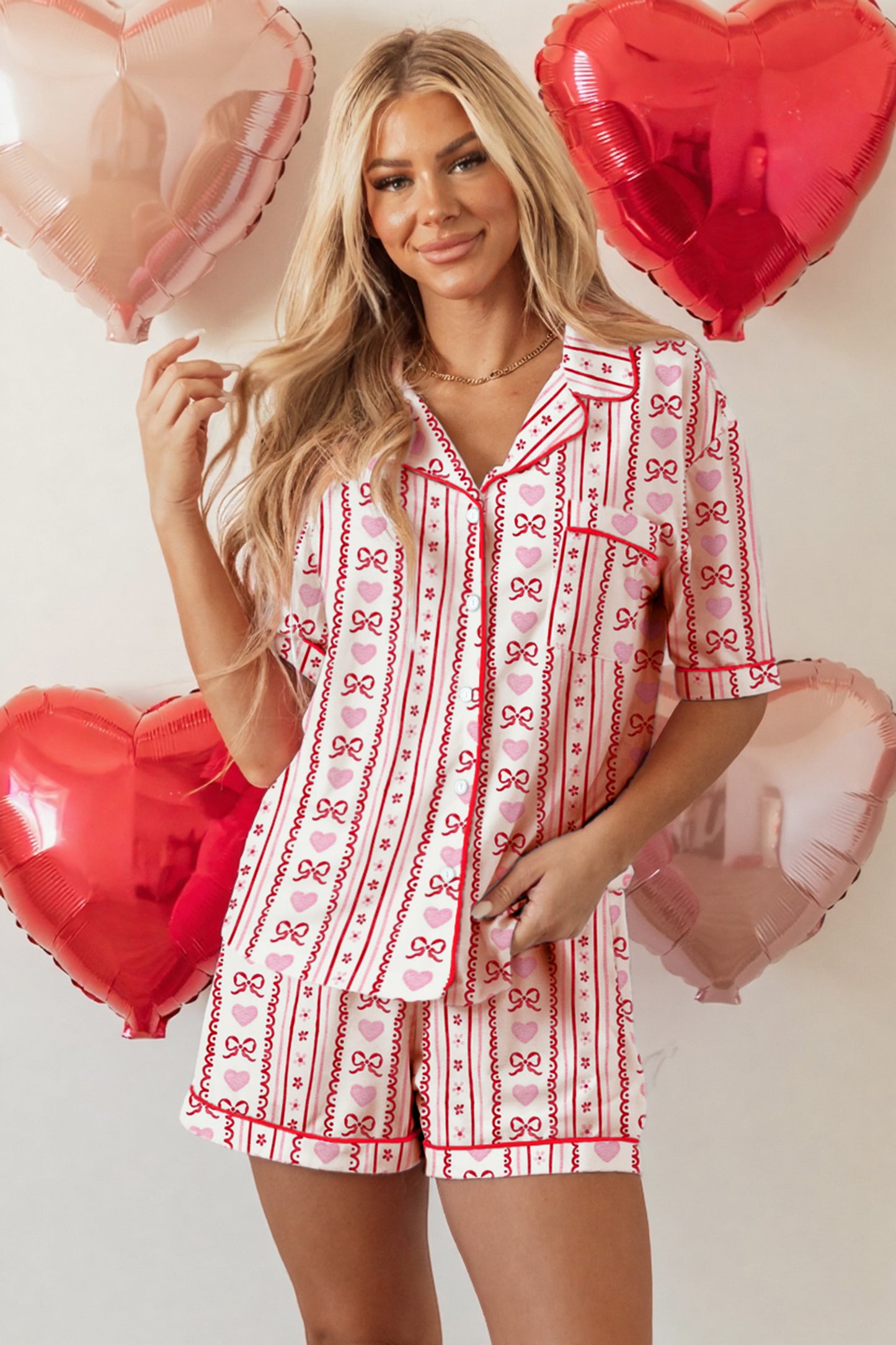 Red Cute Bow Heart Print Ribbon Decor Short 2pcs Pajama Set-Loungewear & Sleepwear/Sleepwear-[Adult]-[Female]-2022 Online Blue Zone Planet