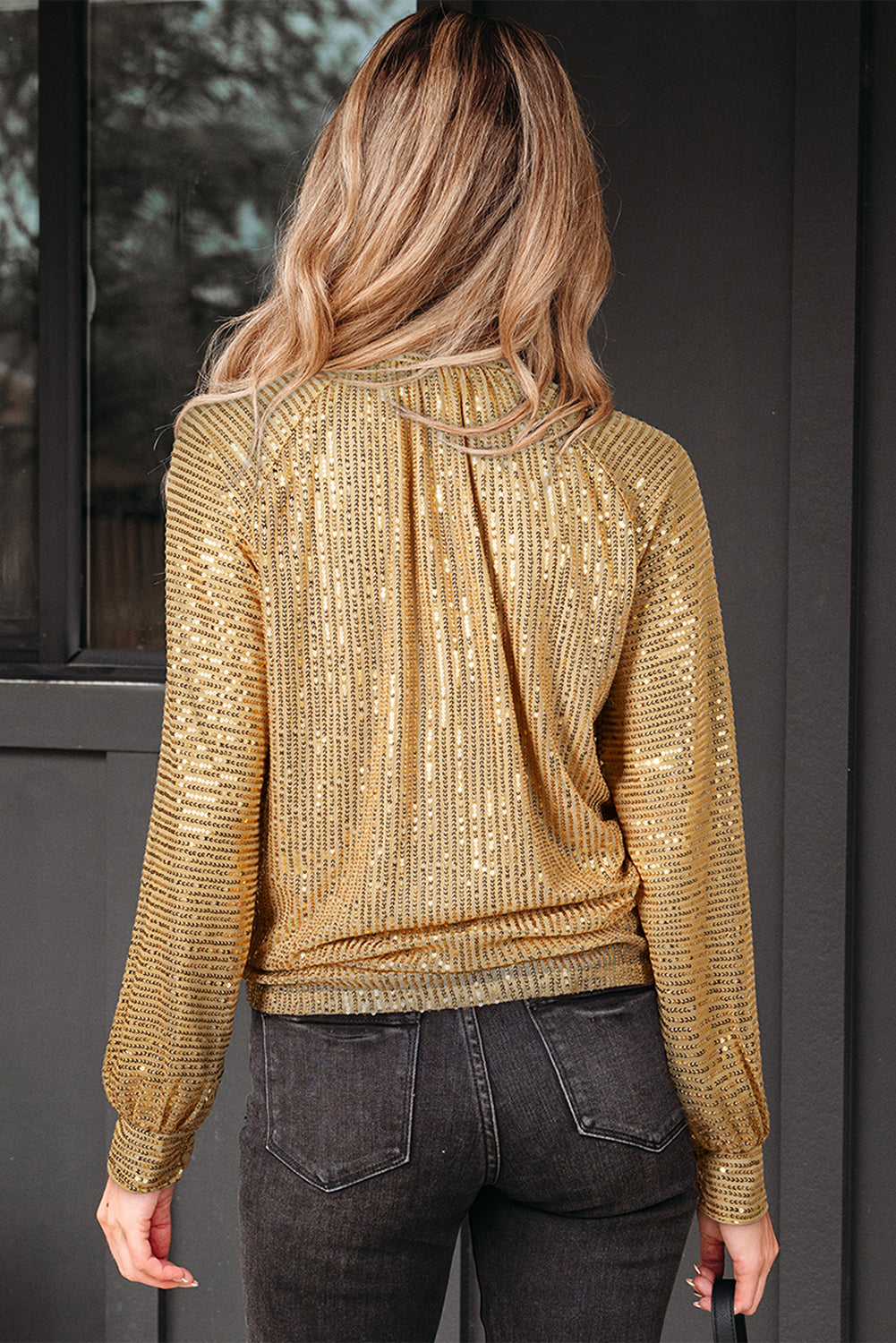 Gold Metallic Balloon Sleeve Buttoned High Neck Loose Blouse-Tops/Blouses & Shirts-[Adult]-[Female]-2022 Online Blue Zone Planet