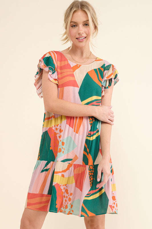 And The Why Printed Double Ruffle Sleeve Dress-TOPS / DRESSES-[Adult]-[Female]-GREENERY-S-2022 Online Blue Zone Planet